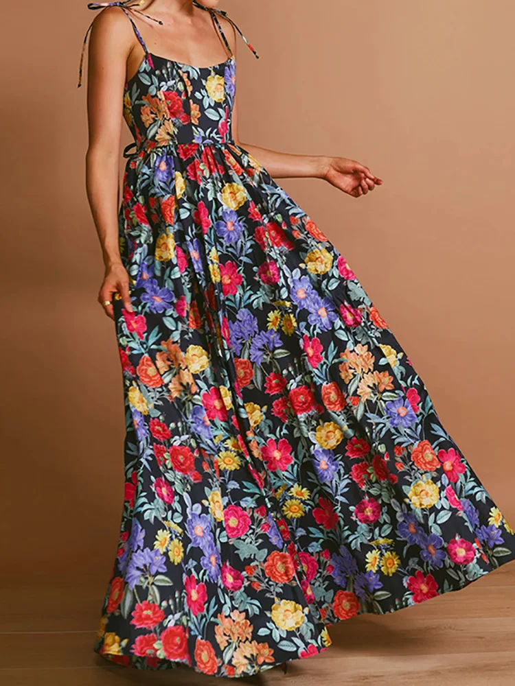 Vestido elegante con tirantes Bohe y estampado Floral, vestidos plisados divididos con hombros descubiertos, vestidos largos de cintura con cordones a la moda para mujer