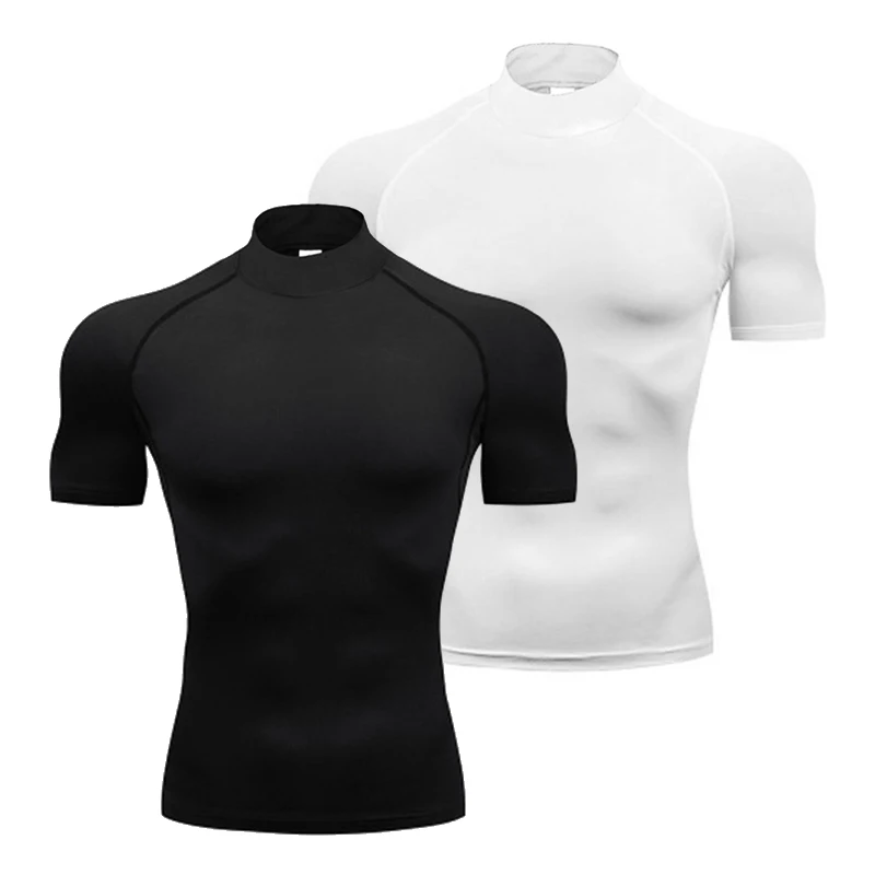 Plain Compression T Shirts Mens Summer Running T-shirts Turtleneck Elastic Quick Dry Sport Tees Athletic Gym Short Sleeve Shirt