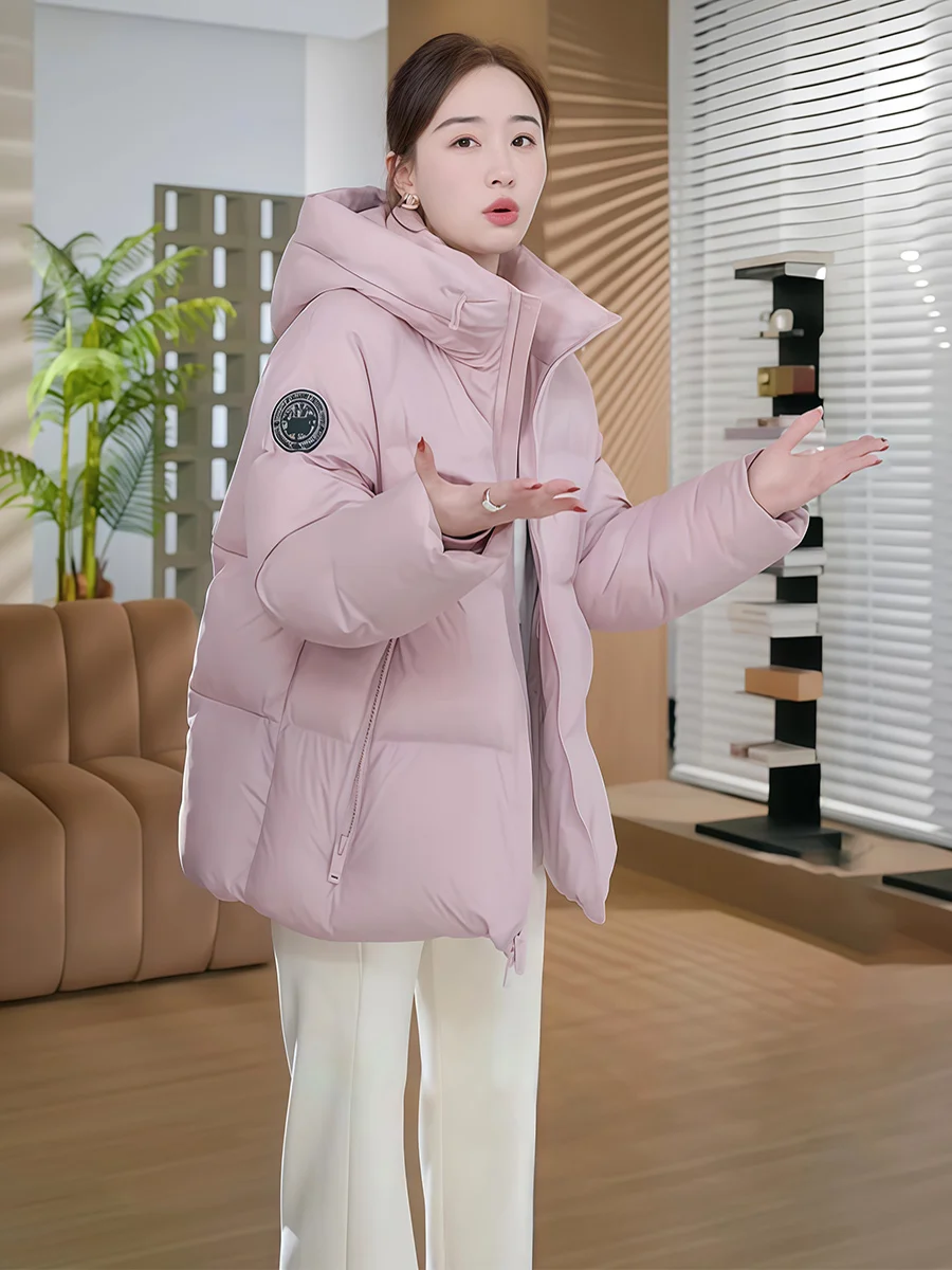 

Pink Mid-Length Hooded Du down Jaet Women Winter Stand Collar Loose Bread Sle Warm Outerwear Casual Faion Zipper ket