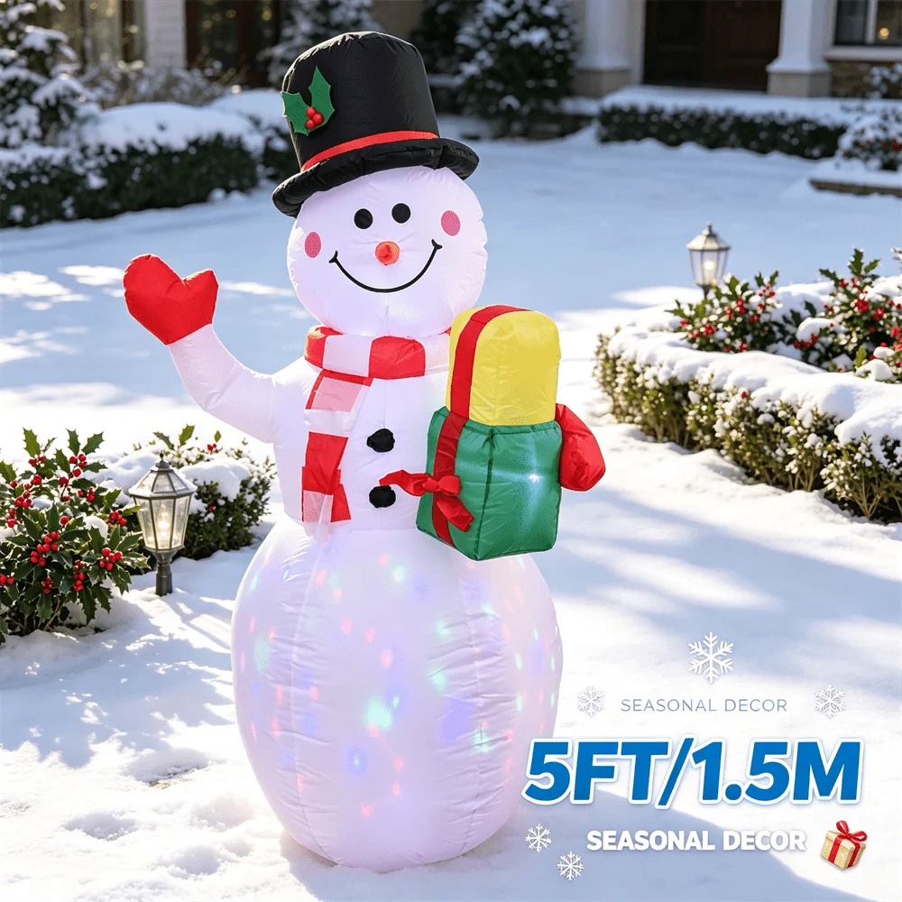 5FT Inflatable Toy Christmas Snowman with Top Hat Holding Gift Box Build-in Color LED Light Outdoor Holiday Yard Decoration view 6
