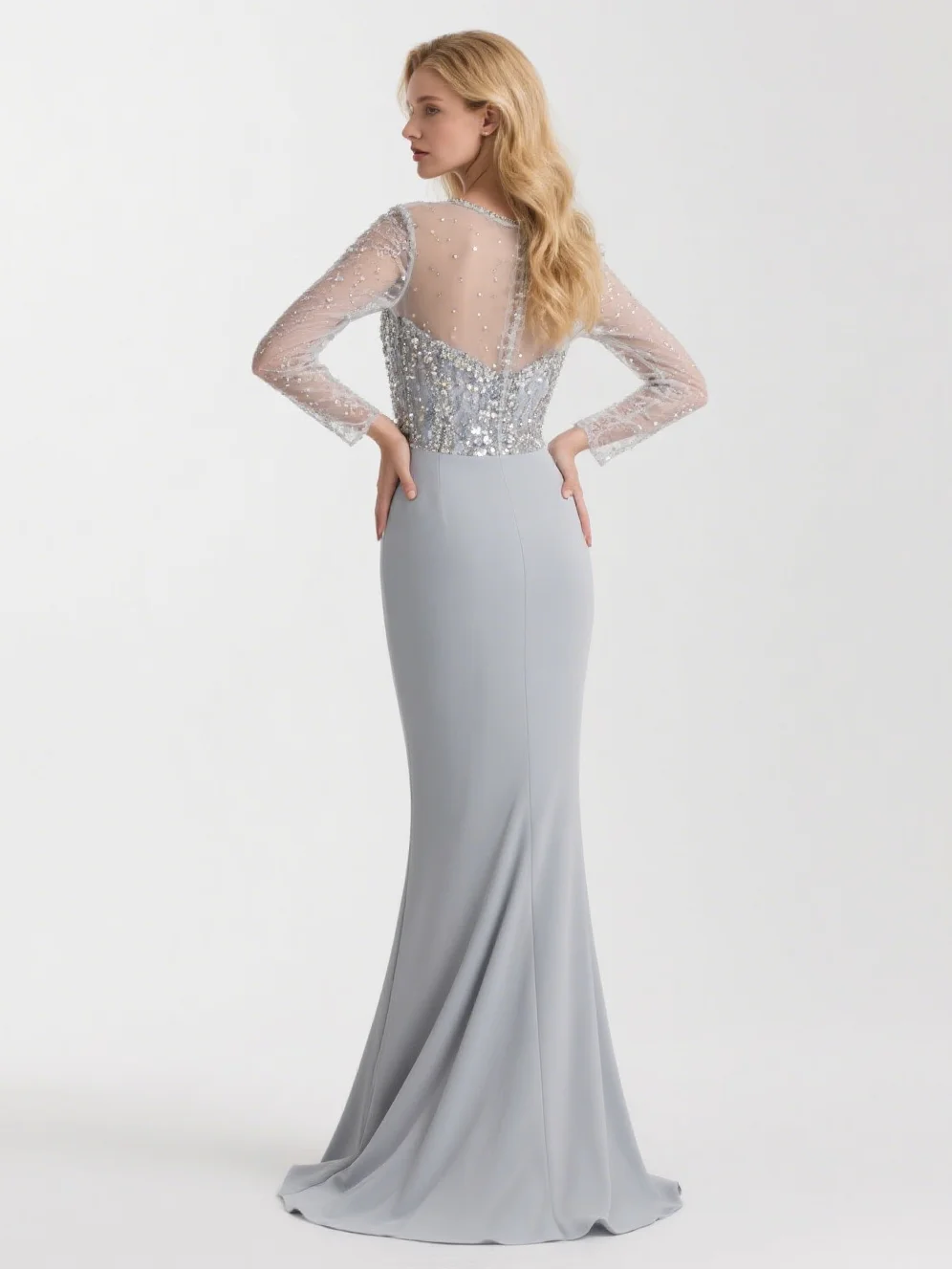 Luxury Elegant Mermaid ชุดราตรีผ้ายืด Tull ความยาวชั้น Scoop คอแขนยาว Sequined ชุด 2025 ฟรีที่กําหนดเอง