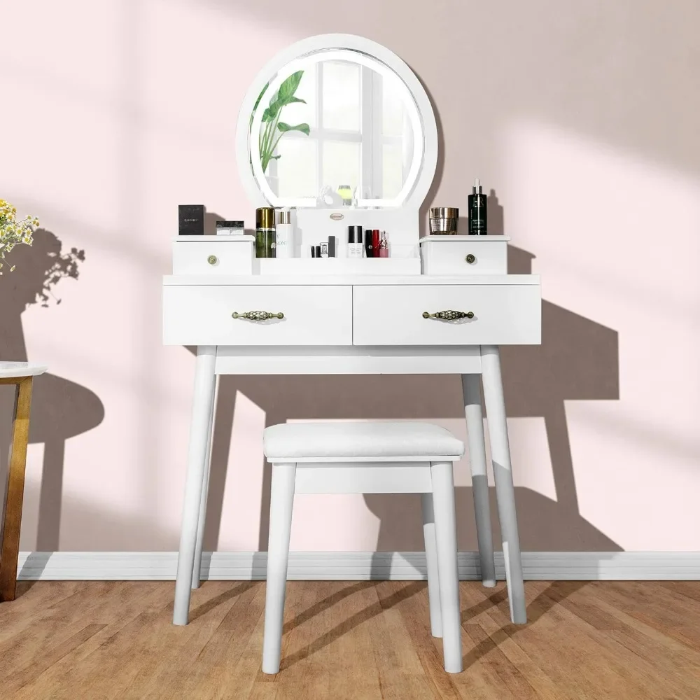 

Dressers for Bedroom Vanity Set With 3-Color Lighted Mirror Toiletries White Furniture Padded Stool Dressing Table Home