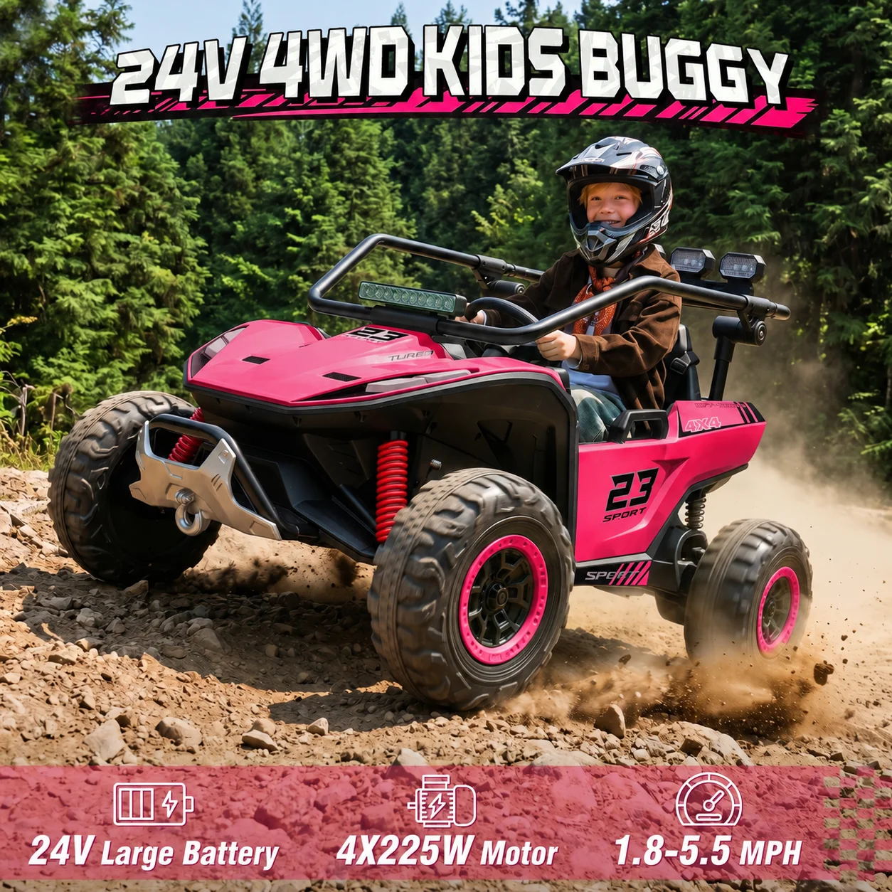 24V 4WD Kids Ride On UTV Buggy 2 Seater Electric Car for Kids 4 Powerful Motor Parental Remote Control LED Lights Bluetooth Music 4-Wheel Independent Suspension Kids Electric Off-Road Vehicle Toy Car Gift for Kids