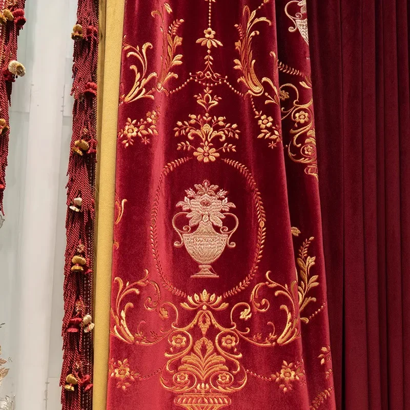 Velvet Large Red Floral Embroidered European Luxury Curtains for Living Room Bedroom High Grade Custom Thermal Blackout Drapes