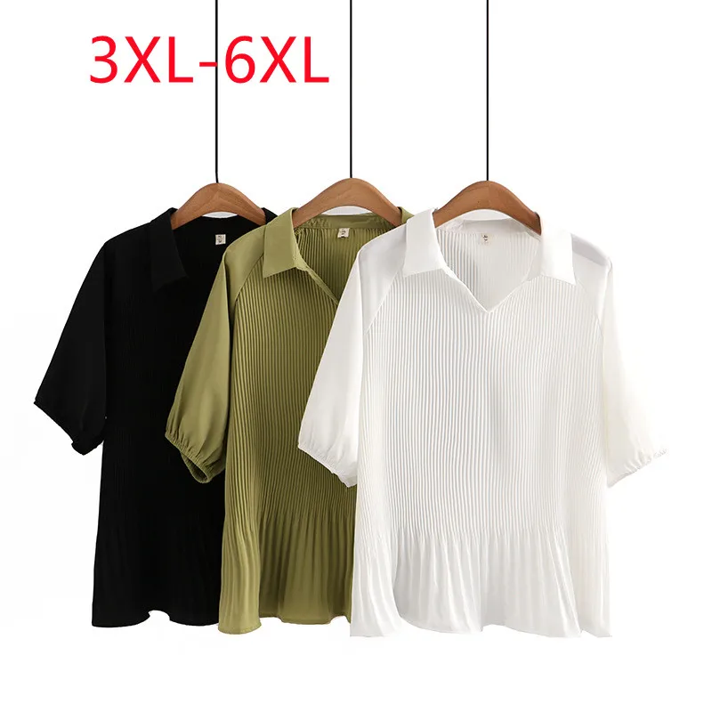 

New 2023 Ladies Spring Summer Plus Size Tops For Women Large Size Short Sleeve V-neck Green T-shirt Blouse 3XL 4XL 5XL 6XL