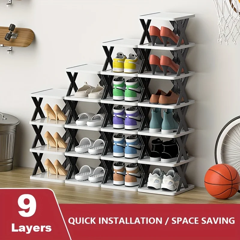 

9-layer space-saving shoe rack, can hold 9 pairs of shoes, stackable design, suitable for bedroom, balcony and living room.