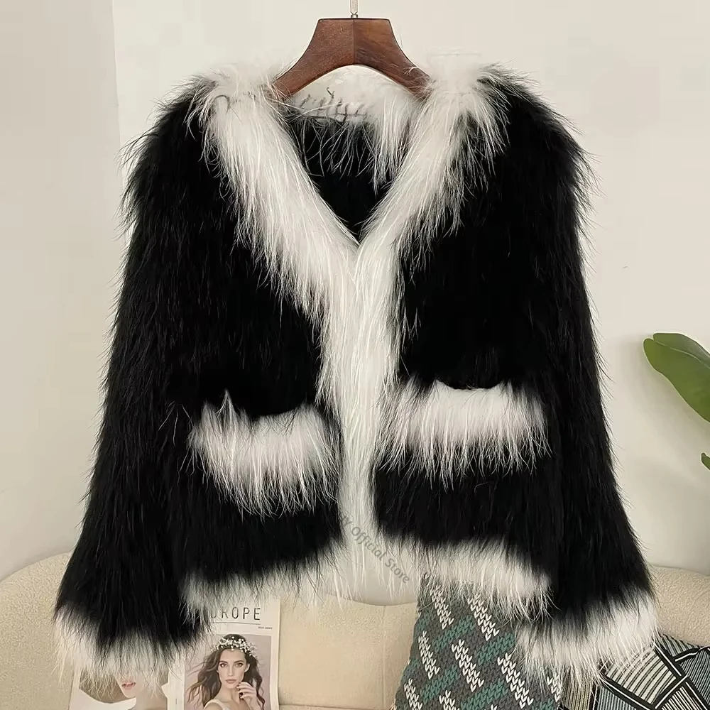 New Woven Fur Coat SpringHigh Quality European Fashion  Real Fur Coat Women Winter Real Raccoon Fur Short Jacket Knitted Fabric