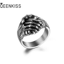 QEENKISS 925 Sterling Silver Vintage Handshake Rings for Men Birthday Wedding Party Christmas Groom Father Boyfriend Gift RG7029