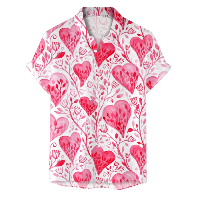 Valentine's Day Love Heart 3d Print Shirt Men Women Summer Street Short Sleeve Hawaiian Shirts Tops Lapel Button Loose Blouse