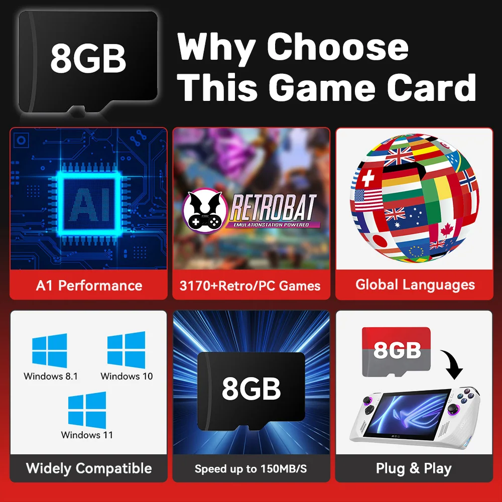 Retrobat 8GB Gaming TF Card Game Memory Card for ROG ALLY/Onexplayer/Ayaneo/Wins Handheld/PC Retro Game Console with 3170 Games