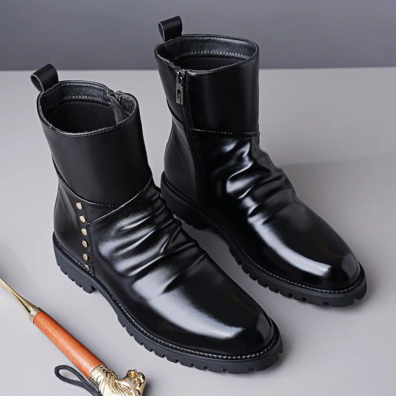 Men's Fashion Ankle Boots Side Zipper Rivet Decor Thick Sole Anti Slip Casual Motorcycle Boots For Men