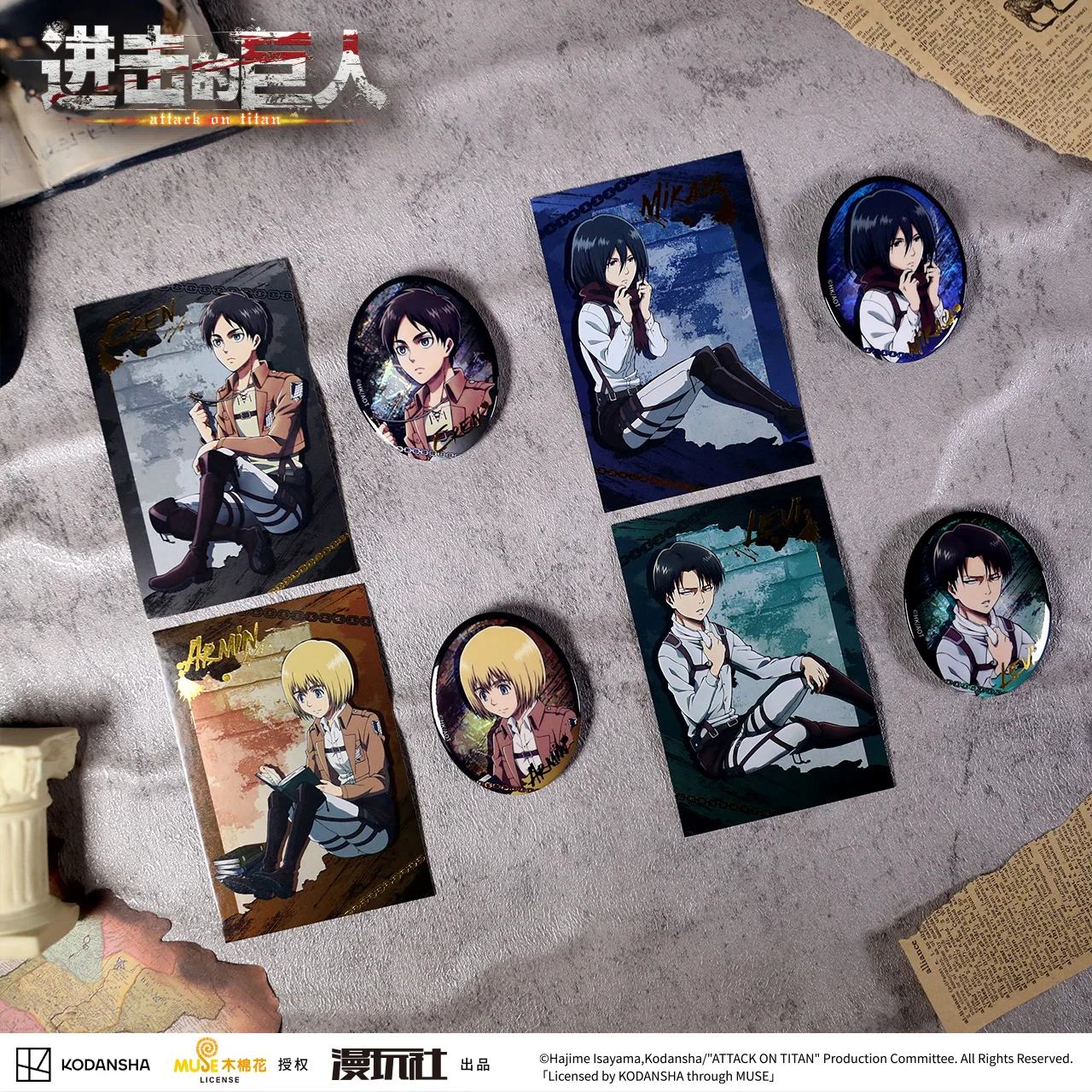 Attack on Titan Eren Jager Armin Arlert Rival Ackerman China Official Authorization Can Badge+Polaroid Card Set