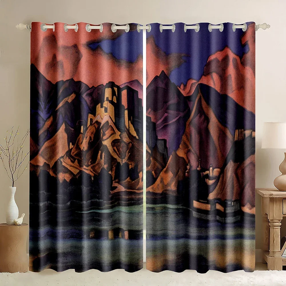 Larich's Paintings Blackout Curtains,Abstract style mountains lake Sunrise Red Cloud watercolor Print Curtains for Living Room