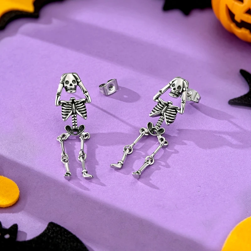 925 Sterling Silver Articulated Full Body Skeleton Dangle Stud Earrings Movable Joint Holding Head Skull Earrings Jewelry Gift
