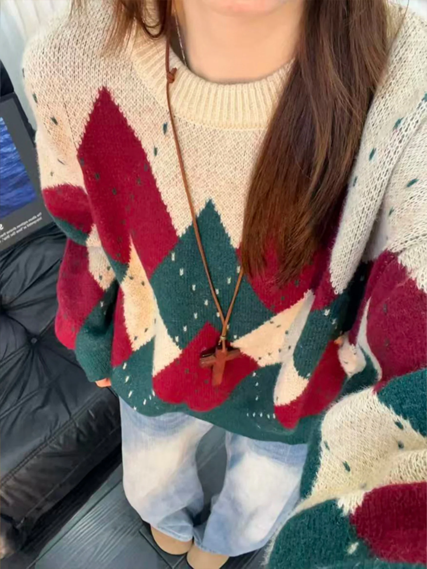 

Cisas Couple Sweaters Loose Fit round Ne Pullover Knitted Winter Clothes Men Women Casual Sle Diamond Patterned