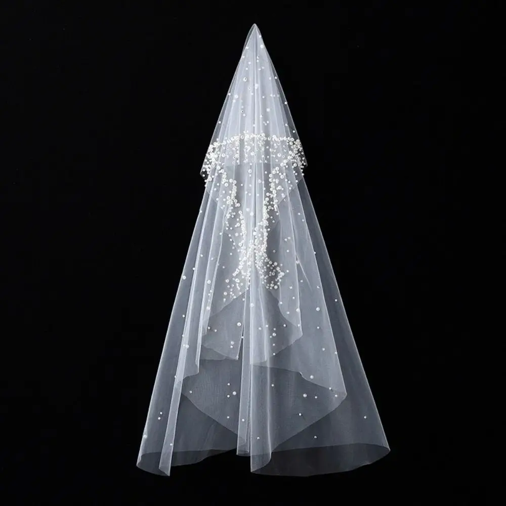 

Elegant 130cm Pearls Tulle Bridal Veil Pearls Without Comb Long Wedding Veil Vintage 1 Tier Wedding veil French Headdress
