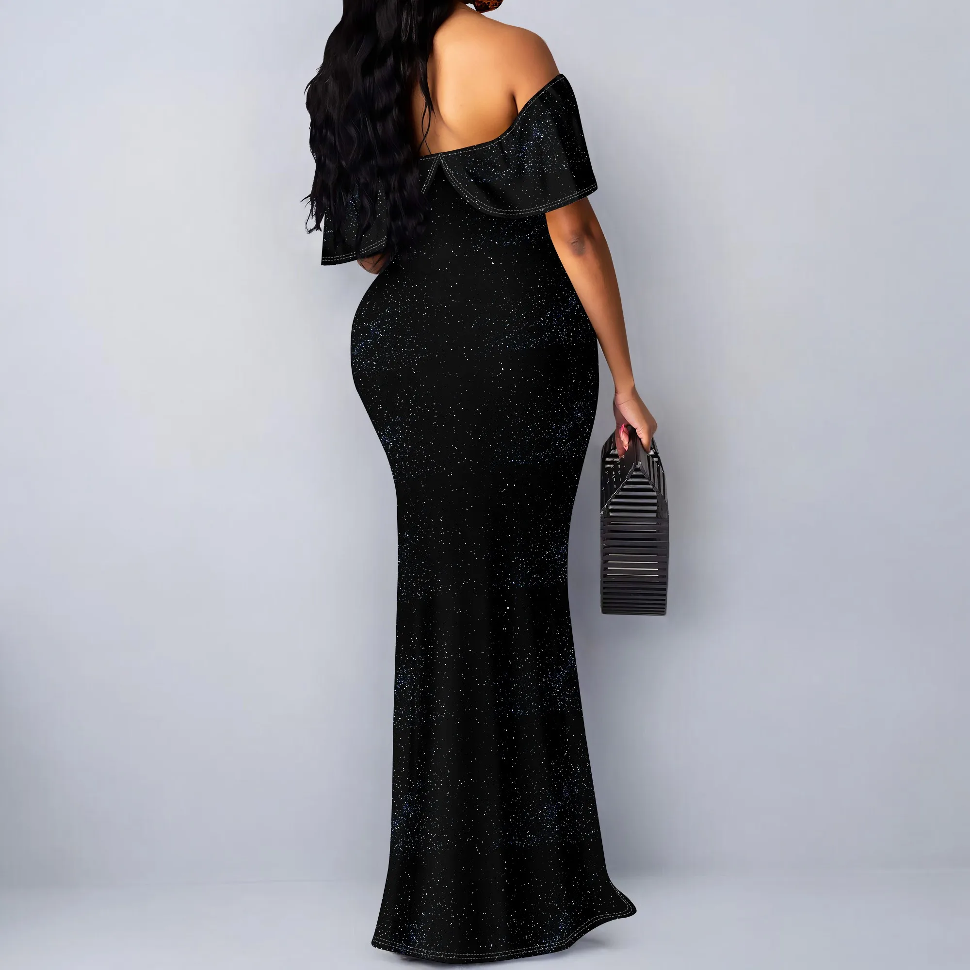 Black Culture Off-Shoulder Glitter Maxi Dress Plus Size Women's Evening Wear S-3XL for Party or Festival