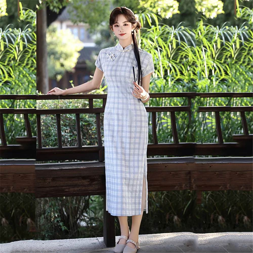 

Blue Plaid Print Short Sleeve Chinese Long Cheongsam Improvement for Youth Women Retro Slimming Qipao