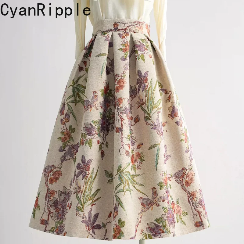 2026 New Autumn Winter Vintage Jacquard Printing Women Umbrella Skirt All-match High Waist Elegant Big Bottoms A-line Skirts