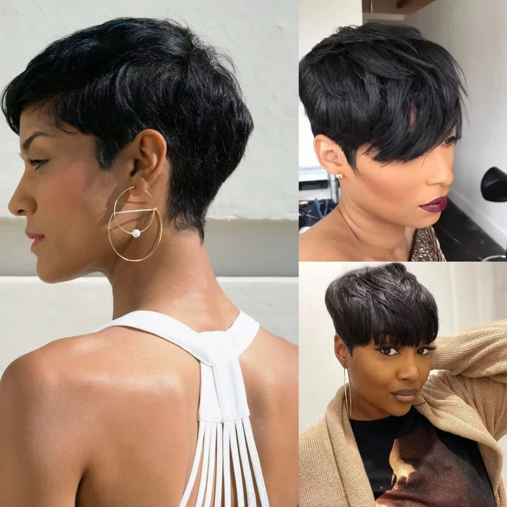 

Short Pixie Cut Wig Human Hair Brazilian Remy Straight Human Hair with Bangs 150 Density Machine Made Short Wigs for Black Women