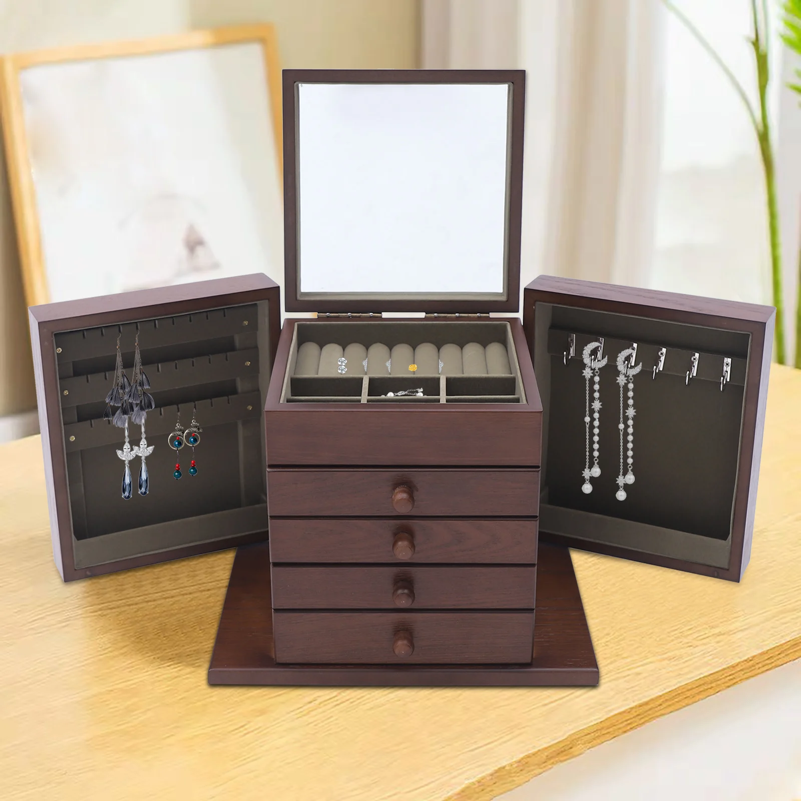 

5-Layers Wooden Case Vintage Large Jewelry Organizer Storage Box 11.8x7.8x9.8 inch with 4 Drawers