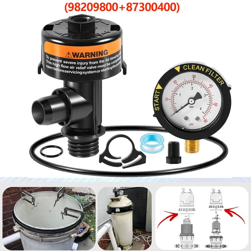 High Flow Manual Relief Valve/Air Relief Manual Valve Assembly with Pressure Gauge, for Pool and Spa Filter (98209800+87300400)