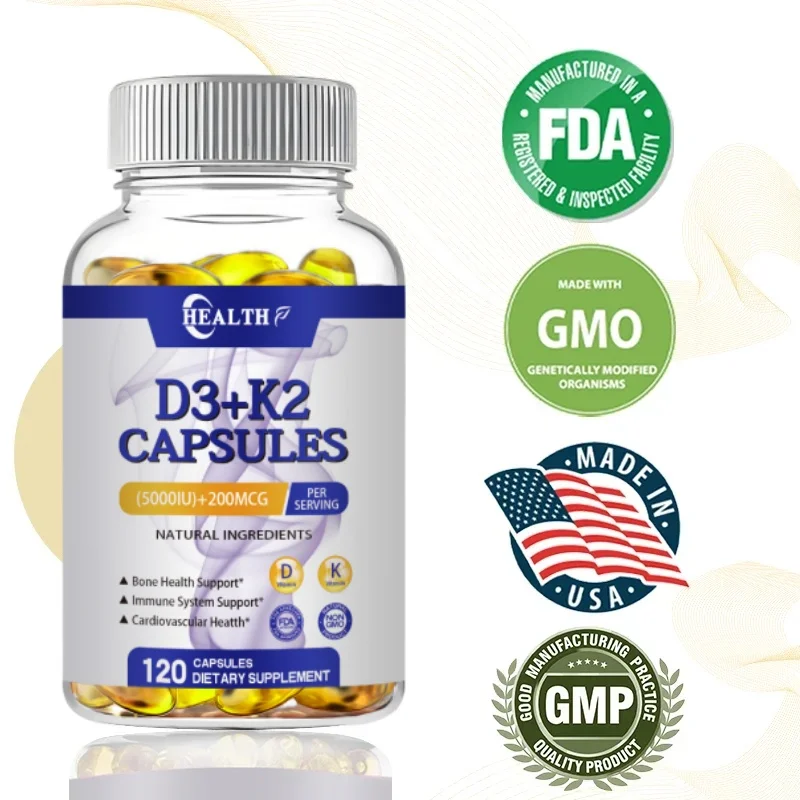 HEALTH Vitamin D3+K2 5000 IU 200 MCG Vitamins Capsules | Non-GMO, Vegan, Nutural, Gluten-free | Health Supplement