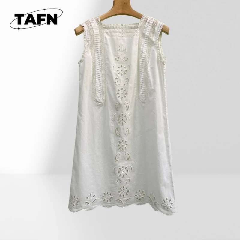 

French Machine Embroidery Ramie out Stitching Small Square Collar Sleeveless Slimming Dress Cashmere Dress – Soft AE1817