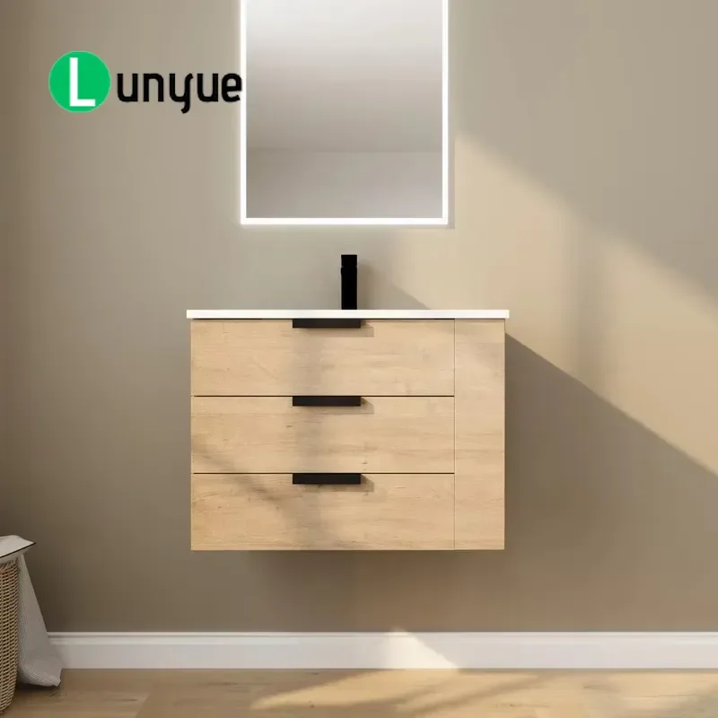Oak Veneer Floating Bathroom Vanity with Integrated Ceramic Basin Soft Close Drawer Multi Tier Side Open Storage Modern Wall