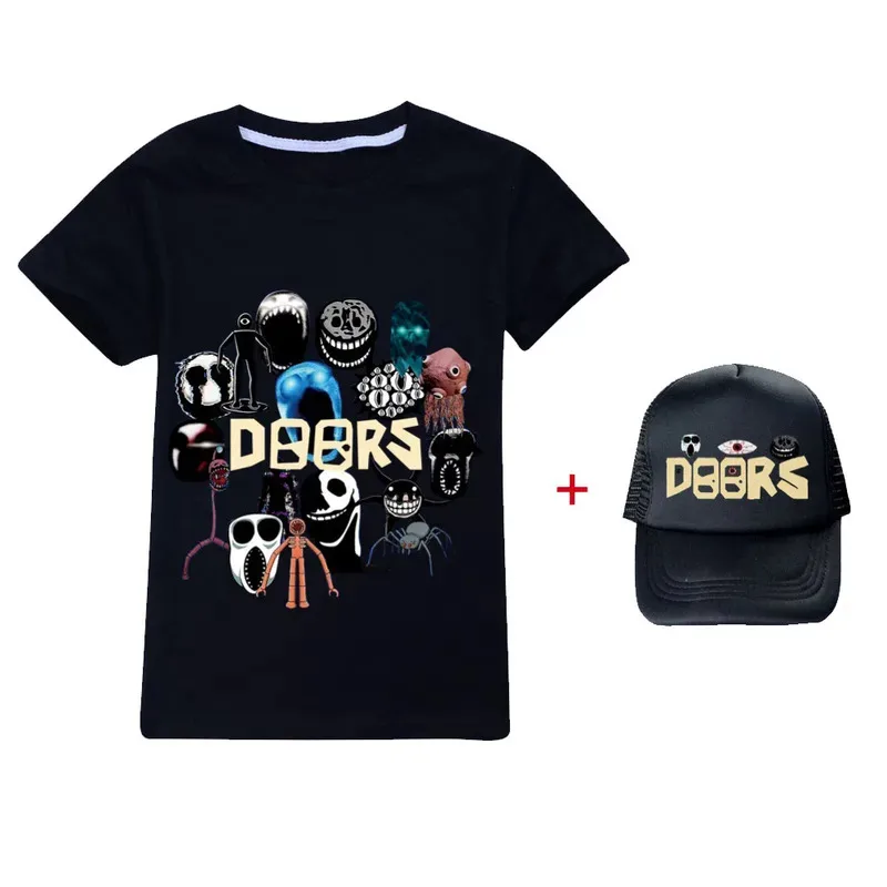 

Футболка с игровыми дверцами + кепка для мальчиков и девочек, летняя повседневная хлопковая одежда, блузка с круглым вырезом и короткими рукавами, рубашки с дверными ролями из сериала