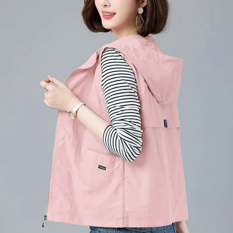 Casual Thin Hooded Vest Women 2023 Summer Liner Sun Protection Sleeveless Jacket Basic Zipprt Short Waistcoat Sunscreen Coat 5XL