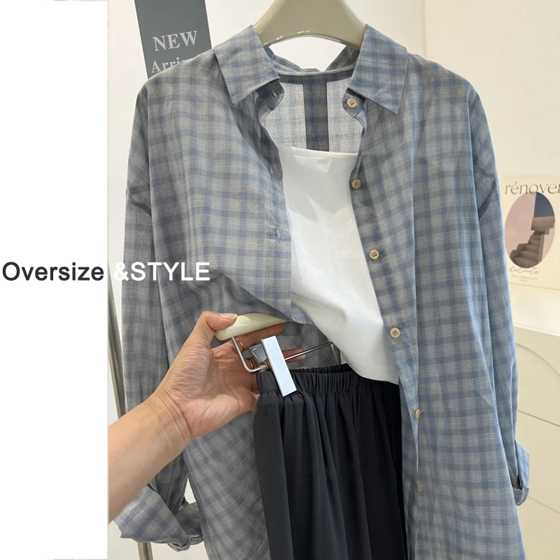 Large Size Plaid Pure Cotton Long Sleeve Women's Shirt Vintage Loose Top Sun Protection Outerwear Breathable Lightweight