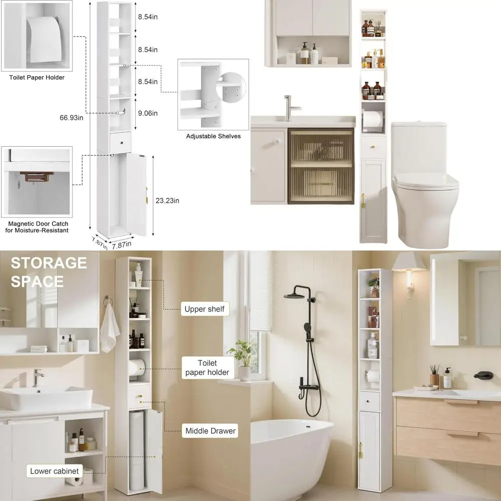 Storage Cabinet, 67" Tall Narrow Bathroom Cabinet with 3 Adjustable Shelves, Toilet Paper Holder, Magnetic Door & Drawer, for Sm