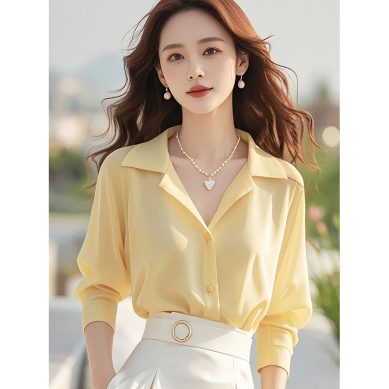 Beautiful Women's Blouses Long Sleeve Social Female Shirt Spring Autumn Yellow Polo Top Fine Elegant Blouses for Women
