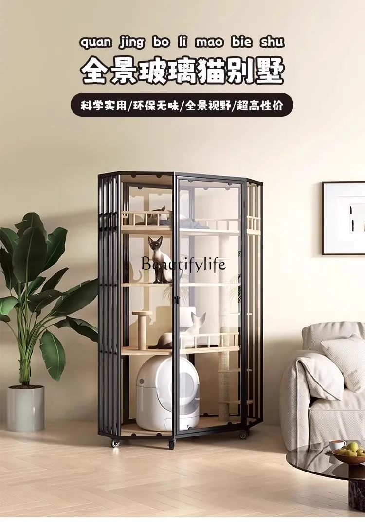 Luxury Cat Cage Cat Villa Solid Wood Panoramic Display Cabinet Glass Chamfer Integrated