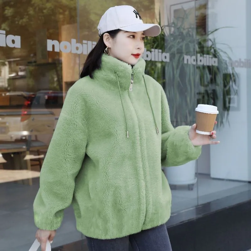 

Elegant Autumn WInter Solid Jacket Fashion Long Sleeve Fleece Warm Stand Collar Plush Thick Coats Casual Office Lady Zip Outwear