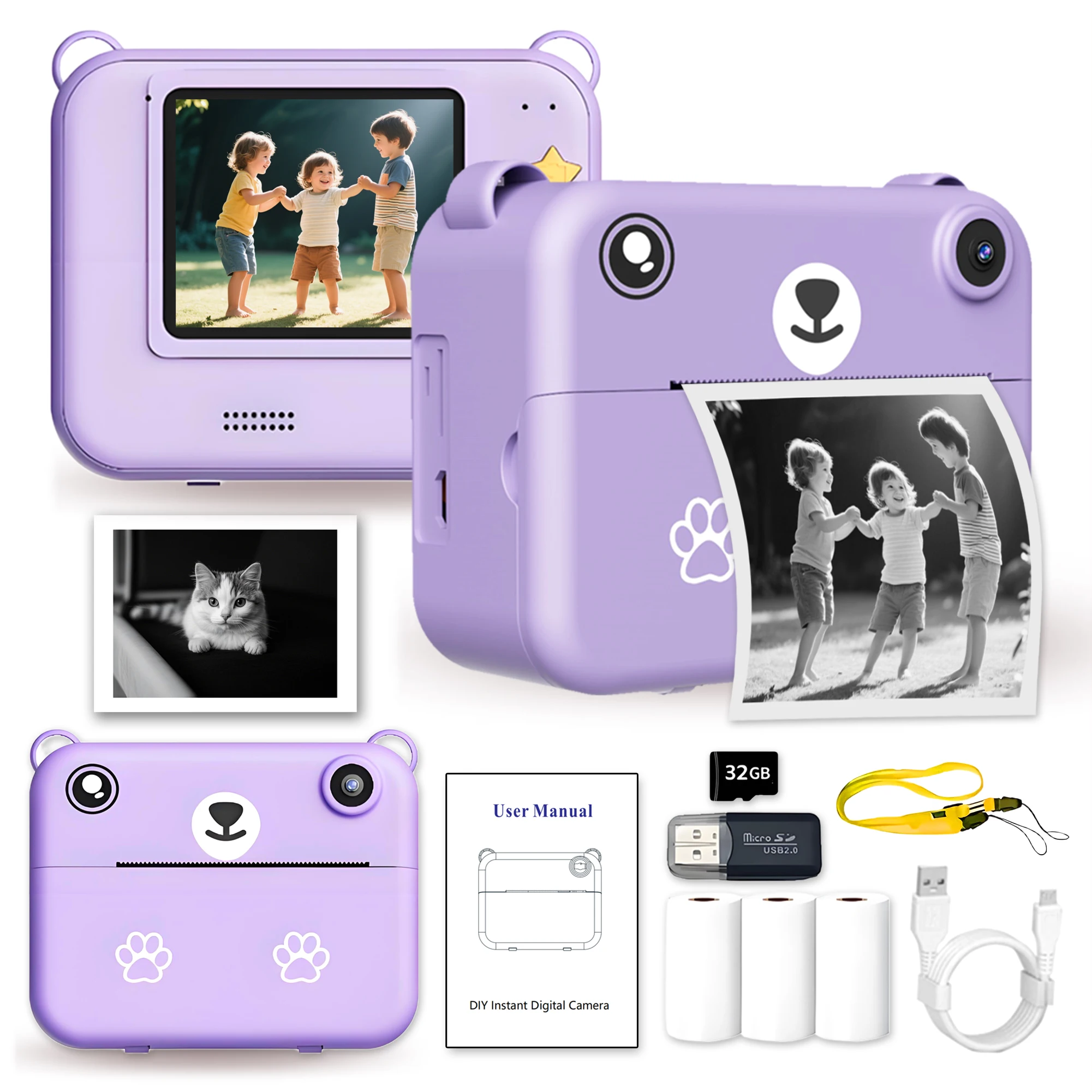 Educational Thermal Instant Print Camera With 32G Card, 1080P Children Mini Digital Video Camera for Kids Learning Development