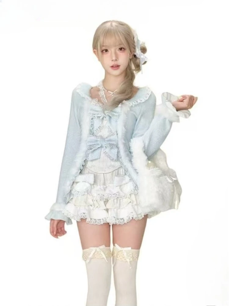 Herfst Japanse Zoete 3-delige sets Y2k Kawaii Vintage Boog kant Vrouwen Casual Y2k Caridgan Jassen + Sexy sling + Mini Rokken pak