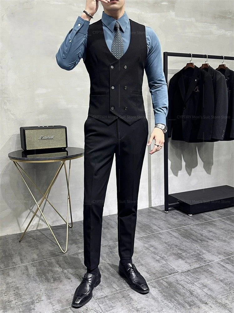 Men's Double-Breasted High-End Wedding British Business Suit Slim Fit Vest Groomsman Brother Casual Formal Wear