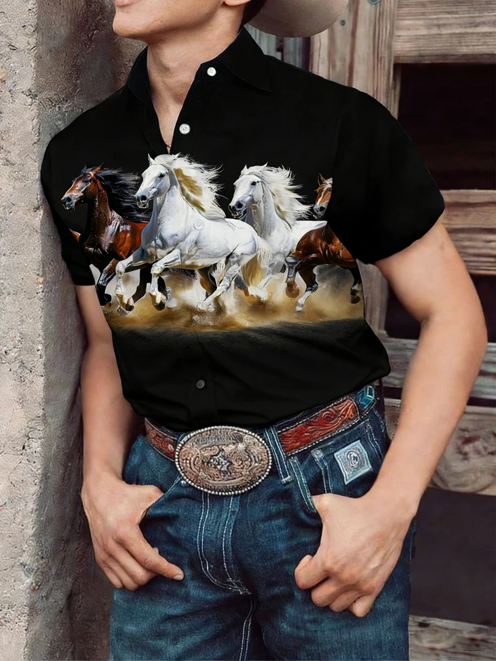 

Spring summer men's soft breathable short-sleeved shirt Western country high-definition 3D printed shirt Hawaiian clothes men's