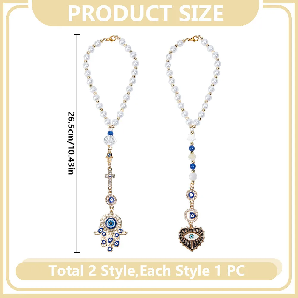 2pcs Car Hanging Ornament Hamsa Rear View Mirror Lucky Car Charm Lanyards Hanging Accessories Hand of Eye Sun Catcher Pendent