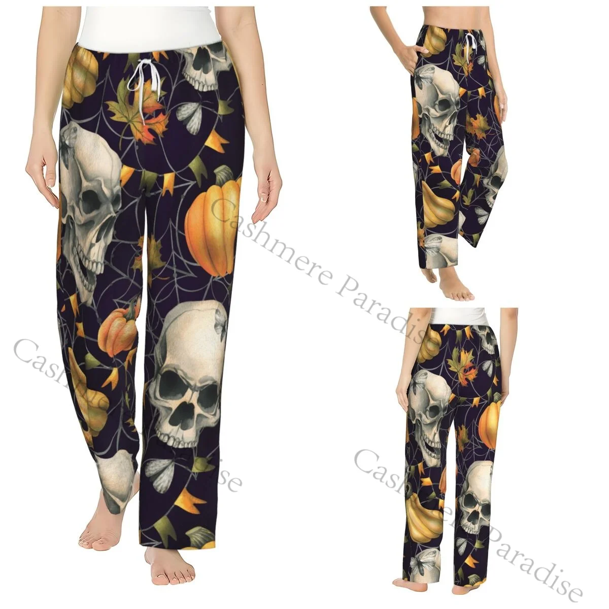 Human Skull With Orange Pumpkins Women Sleep Pants Warm Flannel Lounge Pants for Winter Nights