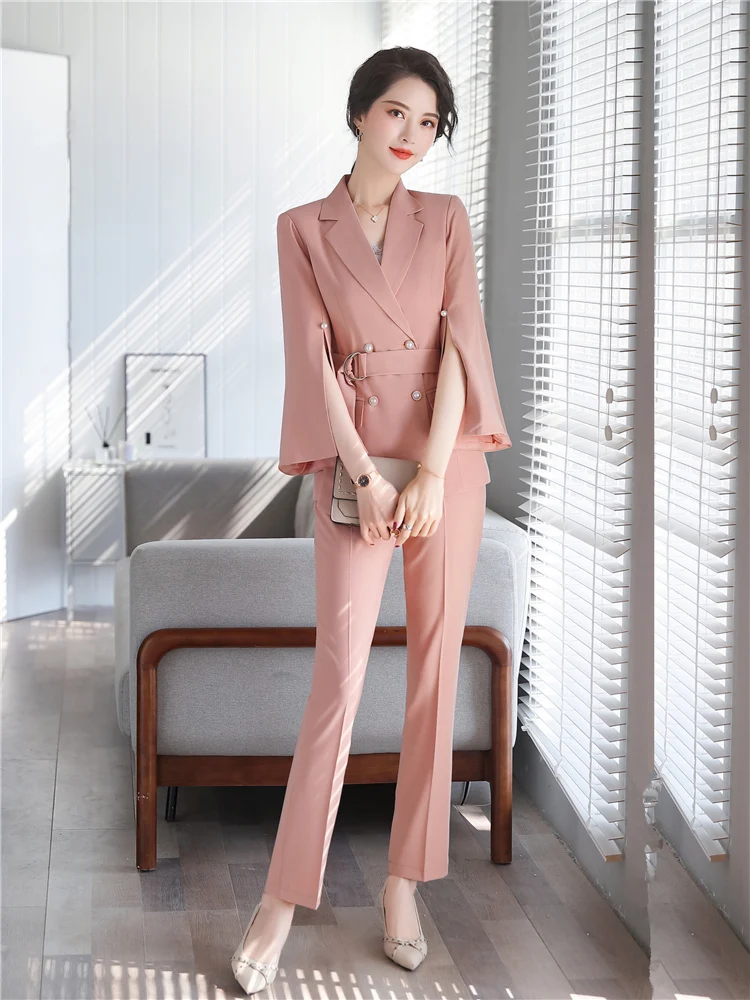 Women\'s Double-breasted Flare Sleeve Blazer and Pants Set  Chic Office Lady Suit Sashes Summer 2024 Trouser Suit 2 Pcs Sets