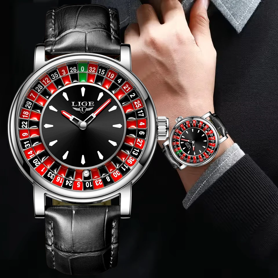 ساعة LIGE للرجال موضة جلد بني رياضية مقاومة للماء أرقام عربية دوارة للعبة كرونوغراف كوارتز ساعات المعصم للرجال