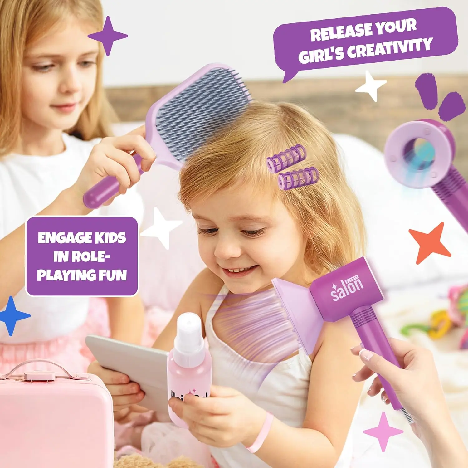7 STKS Meisjes Kapsalon Cadeauset - Kinderen Schoonheid Speelset met Pretend Föhn & 2 Verwisselbare Nozzles, verjaardag Kerstmis