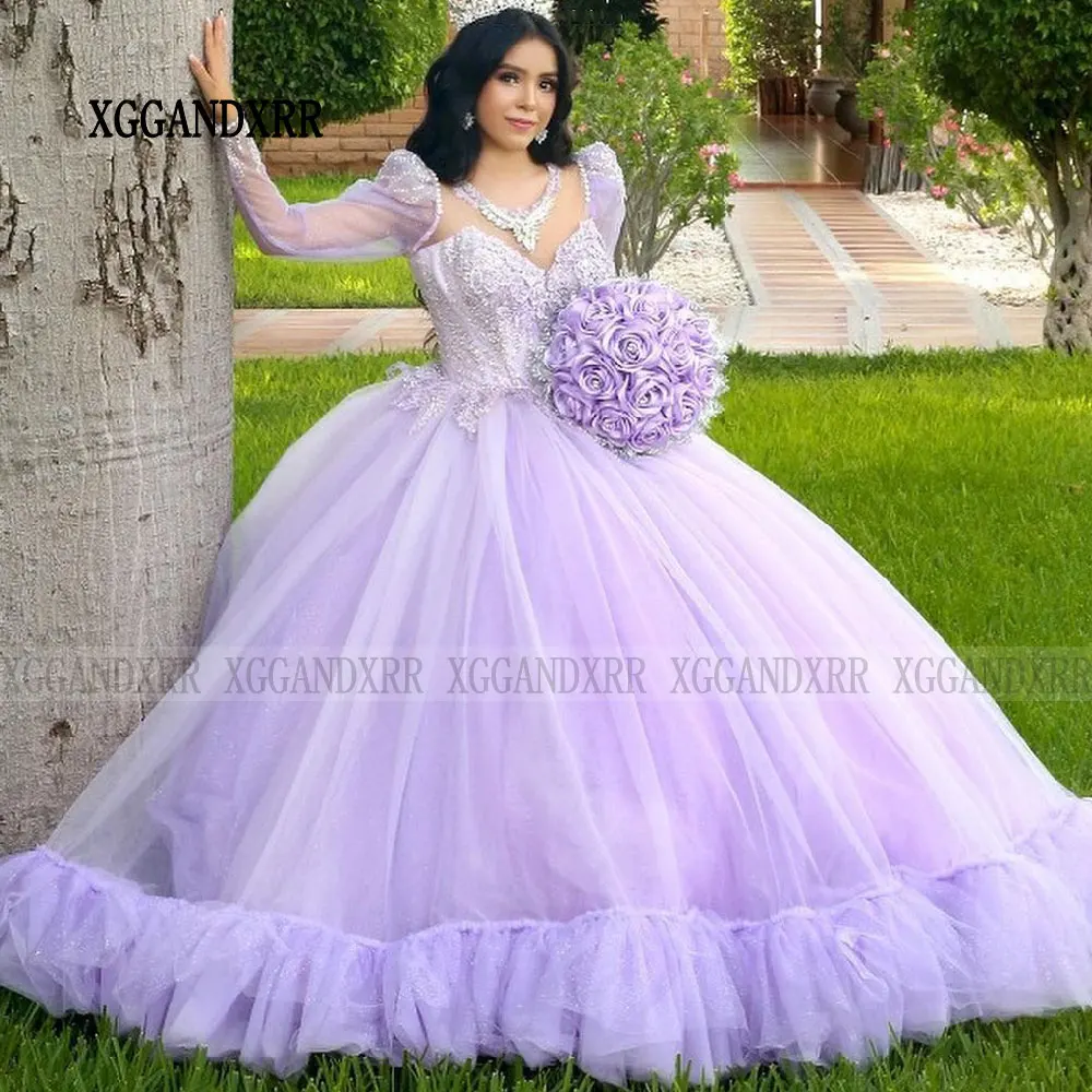 Vestido De princesa para quinceañera, manga larga, apliques De encaje con cuentas De cristal, flor dulce, púrpura, 16, 15 Años, 2024