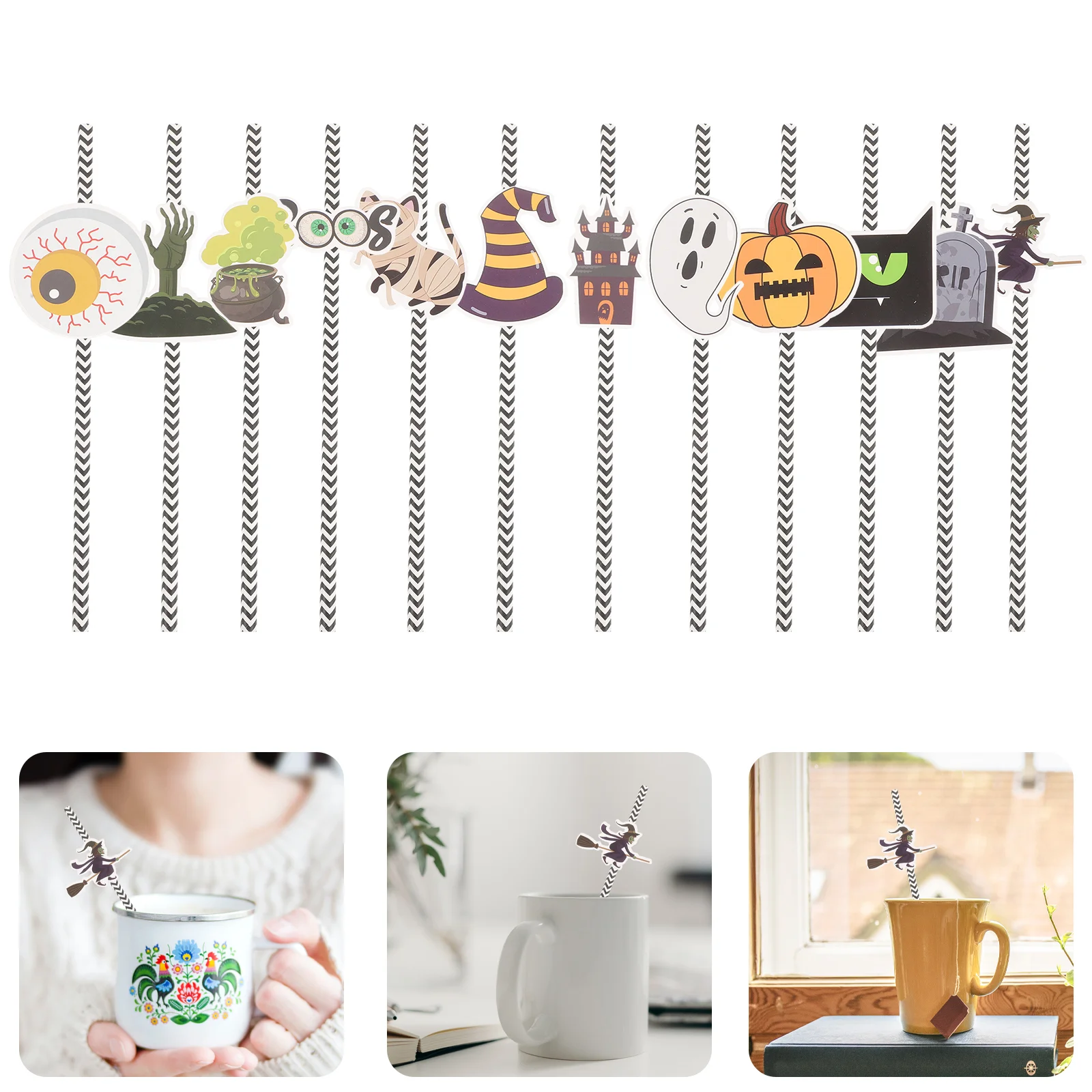 24 Pcs Halloween Pumpkin Paper Straws 12 Designs Party Decor Smooth Easy Clean Photo Prop Birthday Tea Shops Indoor Outdoor