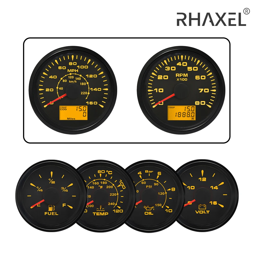 Rpm-velocímetro com gps, velocímetro, nível de combustível, temperatura da água, 160mph, 6 gauge manômetro de óleo com luz de fundo, voltímetro, 12V