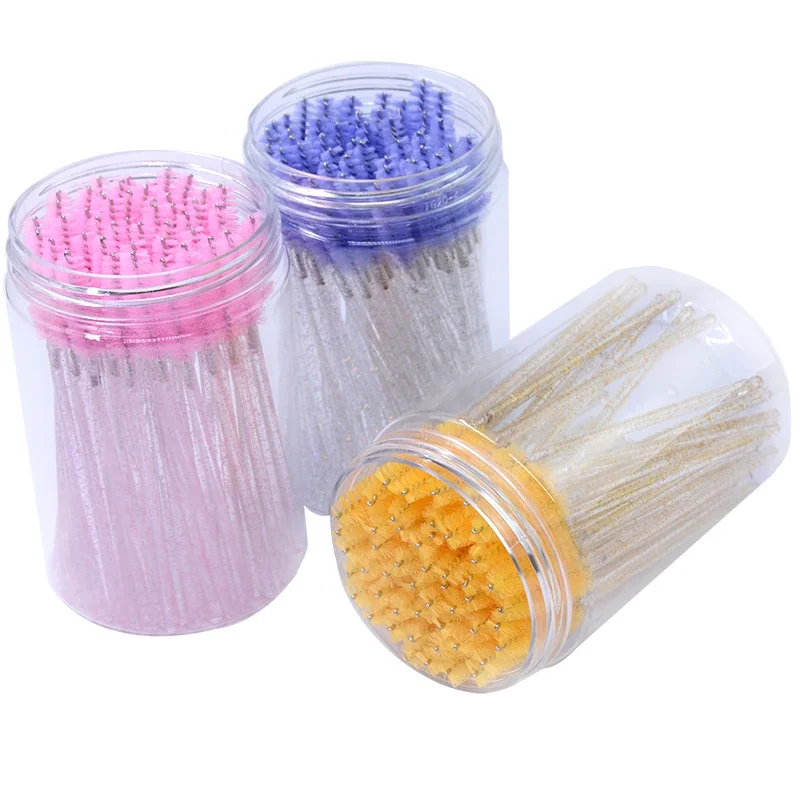 CNKESS 50Pcs/Bottle Disposable Eyelash Extension Mascara Wand Glitter Micro Lash Brushes Spoolie With Container Case Wholesale