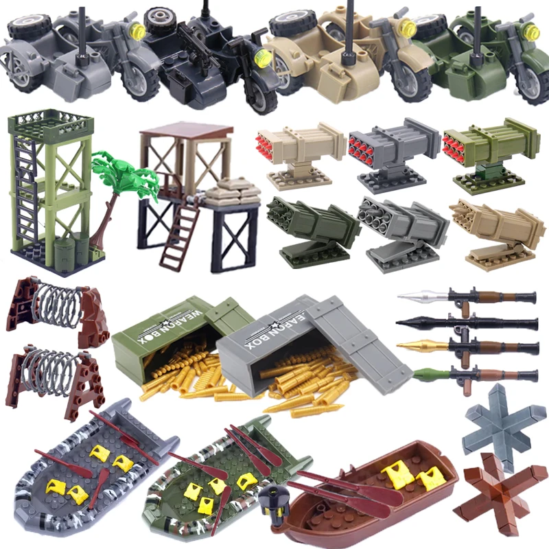 WWII Scene With Building Block Set Accessories Sentry Post Missile launcher RPG Bullet Weapon Box Ship Boy Toy Mini Bricks K036